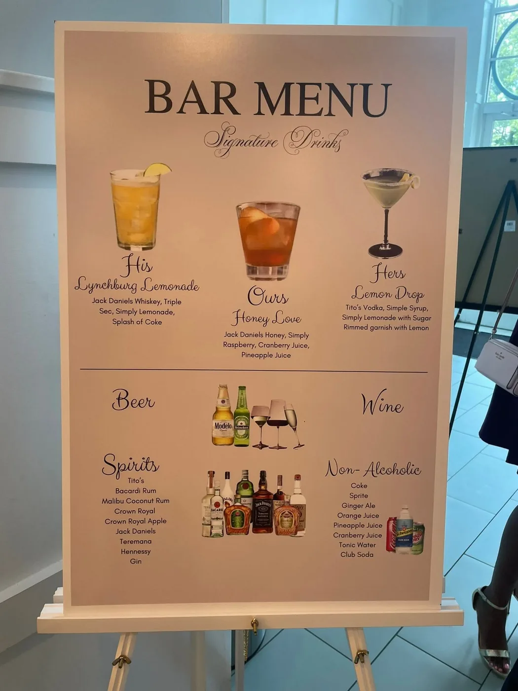 Signature drinks board featuring His, Hers and Ours cocktails plus a full beer, wine and spirits list