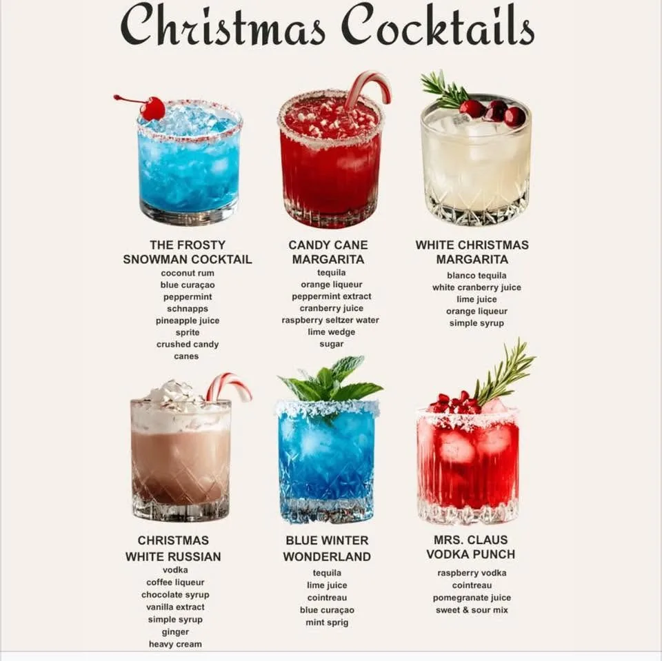 Seasonal Christmas cocktail menu design featuring six holiday specialty drinks